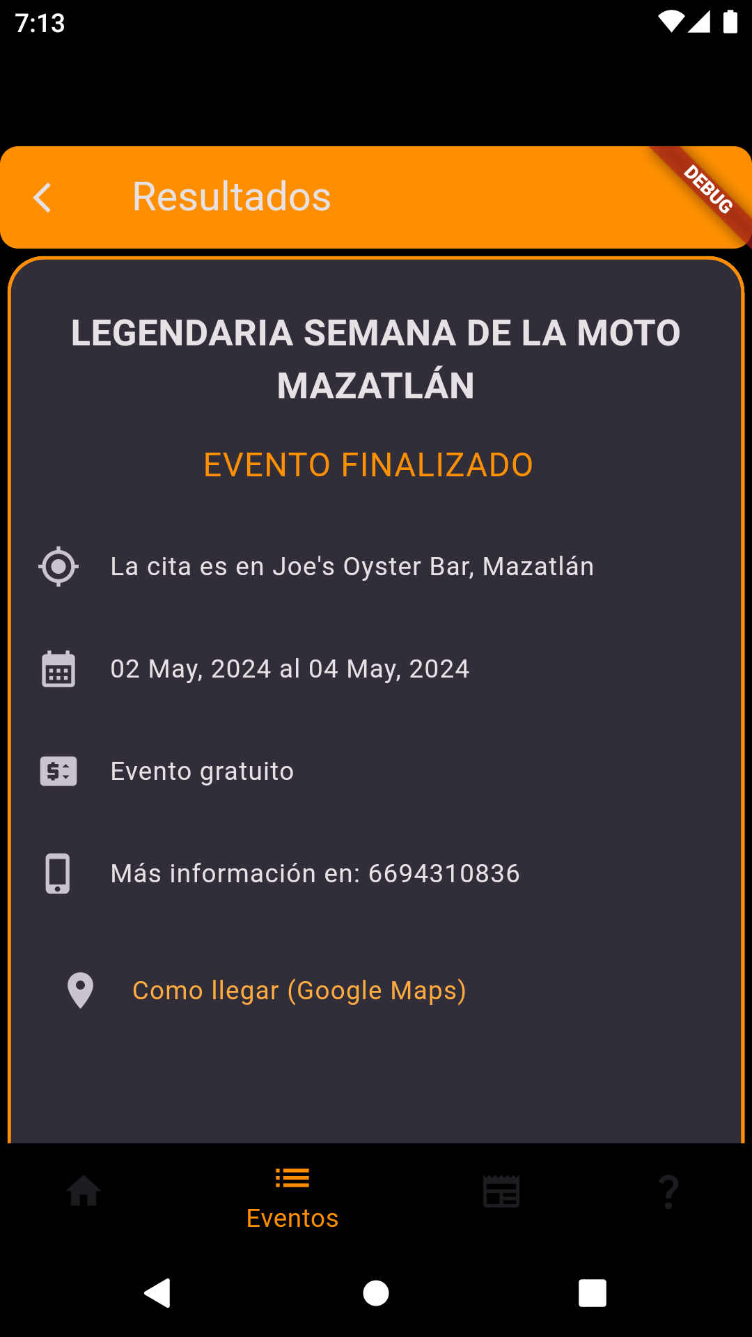 Resultados de eventos biker en la app